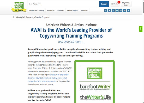 Screenshot of webpage described as: Quickly land freelance writing jobs and earn a good living with AWAI’s (American Artists & Writers, Institute) copywriting training programs and business help.