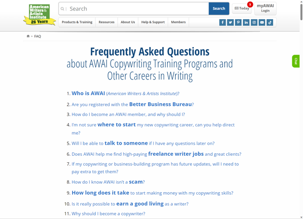 Screenshot of webpage described as: Get answers on AWAI's (American Writers & Artists, Inc.) world-class copywriting training programs and others. Thrive in the best careers in writing!