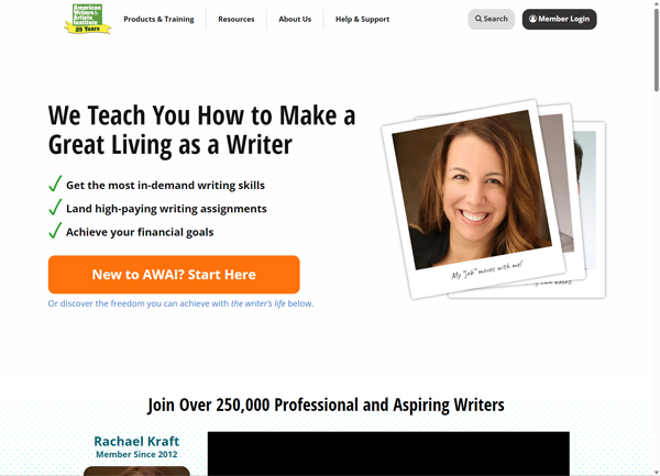 Screenshot of webpage described as: Let American Writers and Artists Institute (AWAI) teach you how to begin writing for money, find freelance copywriting jobs, and build a freelance business.