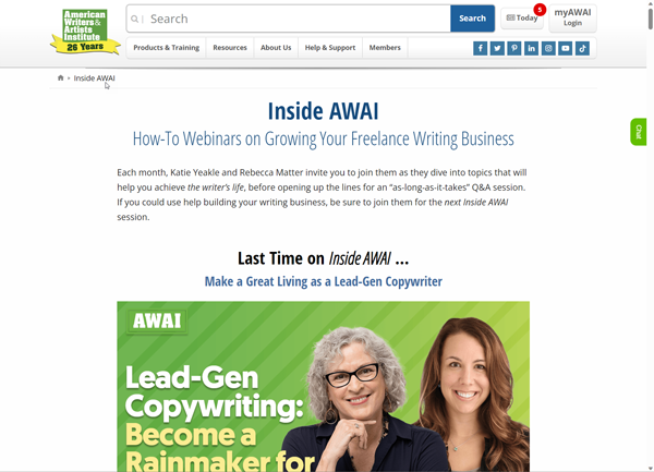 Screenshot of webpage described as: Join us for our next FREE Inside AWAI webinar, where we discuss proven ways to build your freelance writing business as quickly as possible.